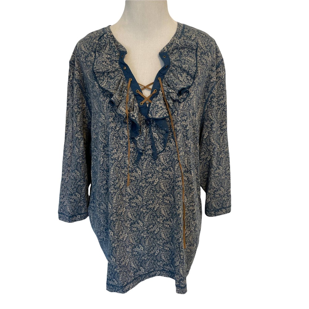 Lauren Ralph Lauren Blue Paisley Lace-Up Ruffle Blouse